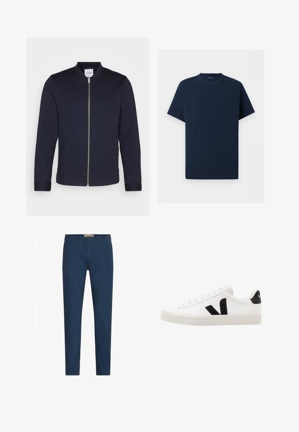 Chaqueta bomber de un oscuro color azul marino con cremallera frontal, cuello redondo y mangas con puños. Hecha de una tela suave con un diseño minimalista.; Camiseta lisa azul marino de manga corta y cuello redondo sobre un fondo blanco, mostrando vista frontal sin logos o diseños visibles.; Pantalones de hombre con corte ajustado en azul marino, con pasadores para cinturón, cierre frontal de botón y bolsillos laterales, presentados sobre un fondo blanco.; Zapatilla de cuero blanca con acentos de ante negro; presenta una suela de goma, puntera redonda y un diseño clásico de cordones. Logo lateral en negro.