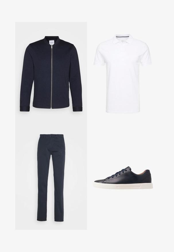 Veste bomber bleu marine foncé avec une fermeture éclair sur le devant, un col rond et des manches resserrées. Fabriquée dans un tissu lisse avec un design minimaliste.; Polo shirt blanc en coton, avec un col traditionnel, des manches courtes et une patte de boutonnage à trois boutons, avec des accents navy discrets à l'intérieur.; Pantalon bleu marine en coton, avec une coupe droite, des passants de ceinture et une fermeture par bouton à l'avant. Texture lisse.; Baskets en cuir bleu marine avec une finition lisse, semelle en caoutchouc blanc plat, bout arrondi et six lacets bleu marine passés à travers des œillets ronds.