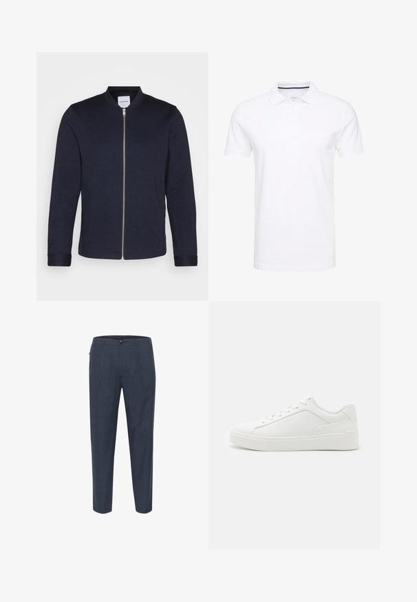 Donker marineblauwe bomberjack met een voorkANT ritssluiting, ronde halslijn en omgeslagen mouwen. Gemaakt van een soepele stof met een minimalistisch ontwerp.; Witte polo shirt van katoen, met een traditionele kraag, korte mouwen en een drie-knopenlijst met subtiele marineblauwe accenten aan de binnenkant.; Donkerblauwe tapse herenbroeken met knoopsluiting, riemlussen en zijzakken, gepresenteerd op een witte achtergrond.; Witte lage sneakers van glad leer, met een ronde neus, platte zolen en subtiele branding aan de zijkant.