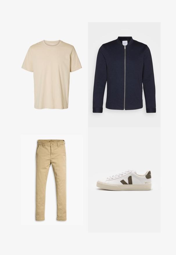 Chaqueta bomber de un oscuro color azul marino con cremallera frontal, cuello redondo y mangas con puños. Hecha de una tela suave con un diseño minimalista.; Camiseta beige de manga corta con cuello redondo y diseño sencillo, hecha de tela suave.; Chinos color beige de algodón, con diseño de pierna recta, bolsillos delanteros y traseros, y cierre de botón con trabillas para cinturón.; Zapatillas de cuero blanco con una suela de goma beige claro. Presenta un logo en forma de V de gamuza marrón y una pestaña en el talón. Cierre con cordones y superficie texturizada.
