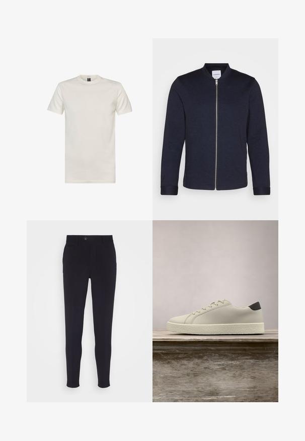 Donker marineblauwe bomberjack met een voorkANT ritssluiting, ronde halslijn en omgeslagen mouwen. Gemaakt van een soepele stof met een minimalistisch ontwerp.; Crewneck t-shirt met korte mouwen in off-white katoen. Heeft een gladde textuur, standaard pasvorm en een minimalistisch ontwerp zonder patronen.; Marinelblauwe tailored broek met een slim fit, voorzien van een knoopsluiting, zijzakken en een gladde, licht gestructureerde stof.; Witte sneaker met gestructureerde zool en zwarte hieldetails, zwevend boven een houten bank met hoge groene graspluimen op de achtergrond.