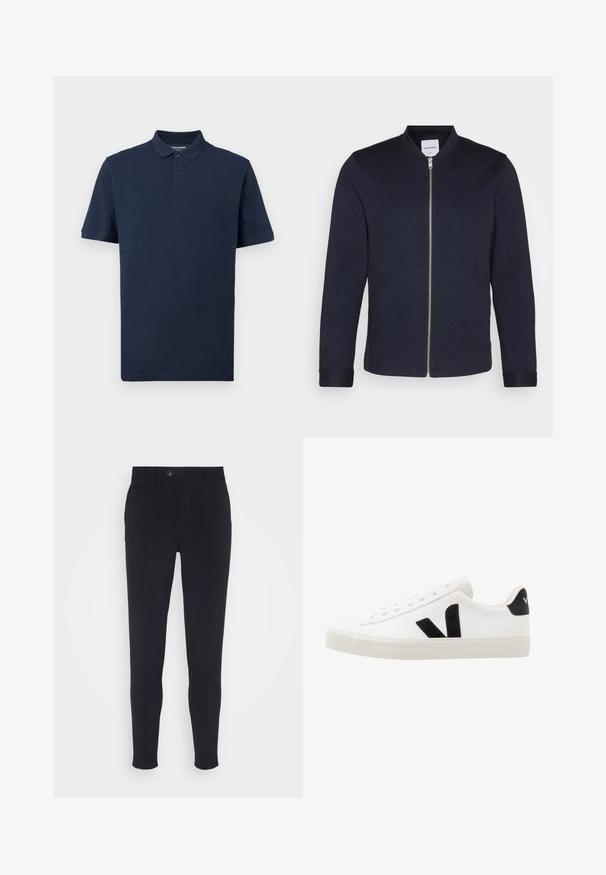 Σκούρο ναυτικό bomber jacket με φερμουάρ μπροστά, στρογγυλή λαιμόκοψη και μανίκια με κουμπιά. Φτιαγμένο από ένα λείο ύφασμα με μινιμαλιστικό σχέδιο.; Λιλά μπλουζάκι πόλο από μαλακό βαμβάκι. Διαθέτει κλασικό γιακά, πλάκα με δύο κουμπιά και κοντούς μαν sleeves. Διακριτό λογότυπο στο στήθος.; Σκούρο μπλε παντελόνι με ενημερωμένη εφαρμογή, που διαθέτει κούμπωμα με κουμπί, πλάγιες τσέπες και μια απλή, ελαφρώς υφασμένη επιφάνεια.; Λευκό δερμάτινο sneaker με μαύρες σουέτ λεπτομέρειες; διαθέτει καουτσούκ σόλο, στρογγυλή μύτη και κλασικό σχέδιο με κορδόνια. Λογότυπο στην πλευρά σε μαύρο χρώμα.