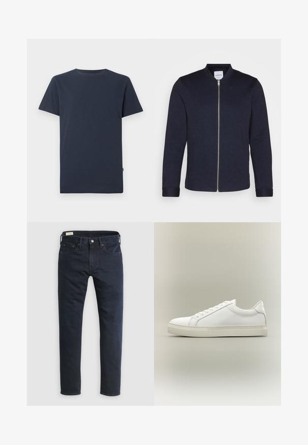 Donker marineblauwe bomberjack met een voorkANT ritssluiting, ronde halslijn en omgeslagen mouwen. Gemaakt van een soepele stof met een minimalistisch ontwerp.; Effen donker marineblauw T-shirt met korte mouwen en ronde hals, met een klein wit SELECTED-merklabel binnenin de kraag.; Donkerblauwe denim jeans met een rechte pijp, ontwerp met vijf zakken, knoopsluiting aan de voorkant en minimale stiksel details.; Witte lage sneaker met veters aan de voorkant en dikke zool, zijaanzicht tegen een neutrale achtergrond.