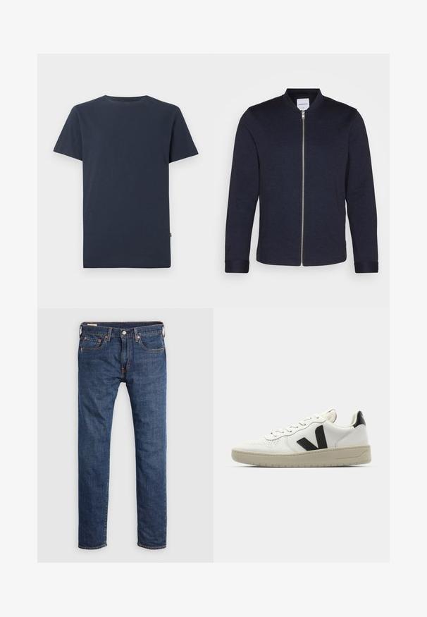 Dunkelblaue Bomberjacke mit einem Frontreißverschluss, rundem Halsausschnitt und umgeschlagenen Ärmeln. Aus einem glatten Stoff mit einem minimalistischen Design gefertigt.; Schlichtes dunkelnavyblaues T-Shirt mit kurzen Ärmeln und Rundhalsausschnitt, innen im Kragen mit kleinem weißem SELECTED-Label.; Dunkelblaue Denim-Jeans mit geradem Bein. Merkmale sind Vordertaschen, ein Metallknopfverschluss und kontrastierende gelbe Nähte.; Weiße Leder-Sneaker mit schwarzem V-Logo, durchlöcherter Zehenpartie, cremiger Gummisohle, flachen Schnürsenkeln und minimalistischem Design.