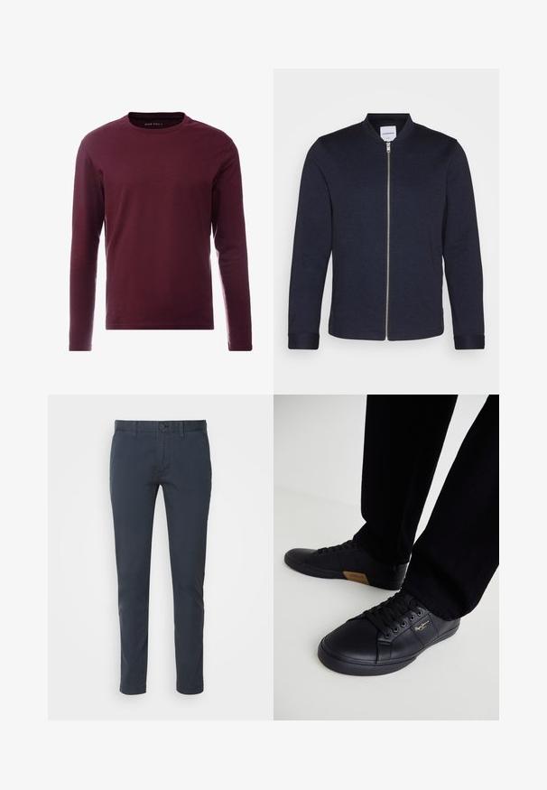 Chaqueta bomber de un oscuro color azul marino con cremallera frontal, cuello redondo y mangas con puños. Hecha de una tela suave con un diseño minimalista.; Camiseta de manga larga en algodón burdeos oscuro, diseño de cuello redondo, textura suave y sin patrones ni acentos visibles.; Chinos azul marino hechos de algodón ligero, con un corte recto, cierre de botón y bolsillos delanteros. Textura suave con un mínimo de detalles.; Zapatillas de cuero negro con un diseño elegante, que presentan una superficie texturizada, punta redonda y cordones negros. Detalle del logo en dorado en el lateral.