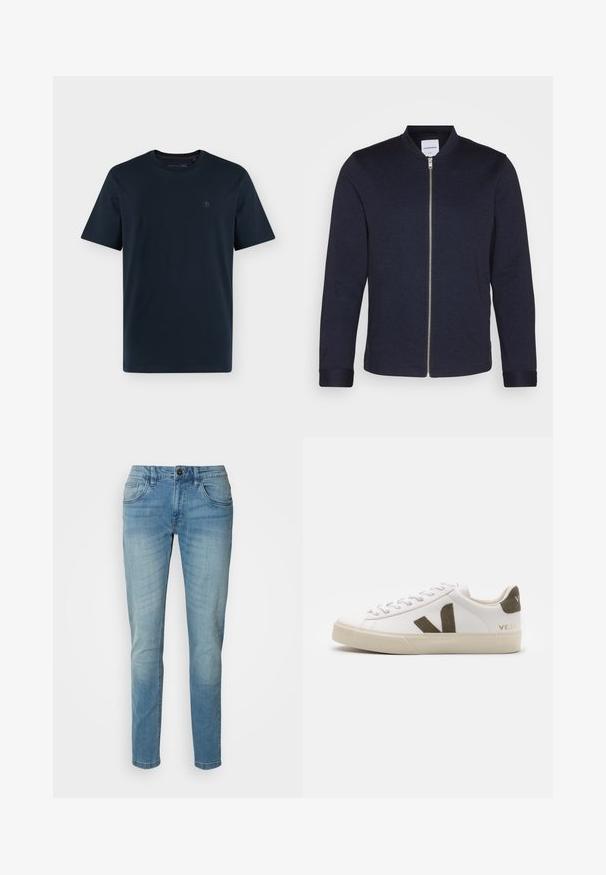 Donker marineblauwe bomberjack met een voorkANT ritssluiting, ronde halslijn en omgeslagen mouwen. Gemaakt van een soepele stof met een minimalistisch ontwerp.; Donker marineblauw T-shirt met korte mouwen en ronde hals met een klein, subtiel logo op de linkerborst tegen een witte achtergrond.; Lichtblauwe denim jeans, rechte pijpen, vijf-pocket ontwerp, met een knoopsluiting en subtiele vervaging voor textuur en detail.; Witte leren sneakers met een lichtbeige rubberen zool. Voorzien van een bruine suède V-logo en hieltab. Gespsluiting met een gestructureerd oppervlak.