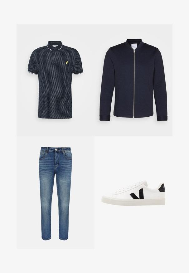 Veste bomber bleu marine foncé avec une fermeture éclair sur le devant, un col rond et des manches resserrées. Fabriquée dans un tissu lisse avec un design minimaliste.; Polo-shirt marine avec un petit motif de pois blancs, manches courtes, accents blancs sur le col et les poignets, et un logo jaune sur la poitrine.; Jean droit bleu avec bouton et fermeture éclair à l'avant, passants pour ceinture et poches avant et arrière.; Sneaker blanche en cuir avec des accents en daim noir ; dispose d'une semelle en caoutchouc, d'un bout rond et d'un design classique à lacets. Logo latéral en noir.