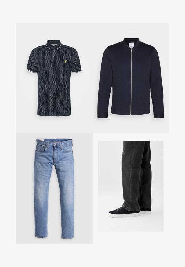 Chaqueta bomber de un oscuro color azul marino con cremallera frontal, cuello redondo y mangas con puños. Hecha de una tela suave con un diseño minimalista.; Polo navy con un pequeño patrón de puntos blancos, mangas cortas, acentos blancos en el cuello y los puños, y un logo amarillo en el pecho.; Vaqueros de mezclilla azul claro con cierre frontal de botones, trabillas para cinturón y diseño de cinco bolsillos, mostrados sobre un fondo blanco liso.; Jeans de mezclilla negra con un corte holgado, combinados con zapatillas de ante azul marino que tienen suelas de goma blancas y cordones negros. Diseño simple y moderno.