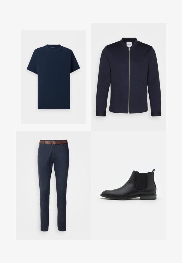 Veste bomber bleu marine foncé avec une fermeture éclair sur le devant, un col rond et des manches resserrées. Fabriquée dans un tissu lisse avec un design minimaliste.; T-shirt bleu marine uni à manches courtes et col rond sur fond blanc, vue de face sans logos ni motifs visibles.; Pantalon en coton bleu marine à coupe ajustée, avec une ceinture en cuir marron, quatre poches et une texture lisse. Design minimaliste sans motifs.; Bottines Chelsea noires en cuir avec panneaux élastiques sur les côtés, bout rond et languette, présentant un petit talon bloc et une texture lisse.