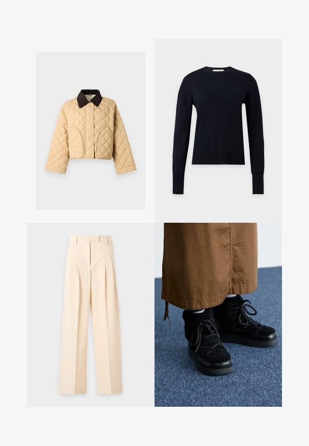 Beige gesteppte Jacke mit dunkelbraunem Cordkragen, Druckknopfverschluss vorne und geschwungenen Nahtdetails an den Vorderentaschen.; Schwarzer Pullover mit langen Ärmeln und Rundhalsausschnitt, mit gerippten Bündchen und Saum, auf einem einfachen hellgrauen Hintergrund präsentiert.; Beige hoch taillierte maßgeschneiderte Hose mit Falten, Gürtelschlaufen und weiten Beinen, flach auf hellem Hintergrund liegend.; Schwarze, flauschige Sneakers mit einer Plattformsohle, die Schnürsenkel, eine weiche Textur und eine abgerundete Spitze aufweisen. Kombiniert mit braunem Stoff darunter.