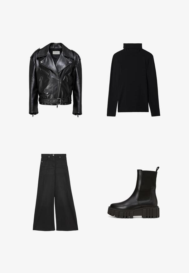 Schwarze Leder-Bikerjacke mit asymmetrischem Reißverschluss, drei Reißverschlusstaschen, mit Knöpfen versehener Klappentasche, Schulterepauletten und verstellbarem Gürtel.; Schwarzes, langärmliges Rollkragenoberteil aus weichem Stoff. Hat einen lockeren Schnitt und ein einfaches, nahtloses Design ohne Muster oder Akzente.; Schwarze Jeans mit weitem Bein, hoher Taille, Knopf- und Reißverschluss, Vordertaschen und Gürtelschlaufen.; Schwarze Leder Stiefeletten mit einer klobigen Plateausohle und elastischen seitlichen Einsätzen für einen einfachen Einstieg. Dezente Markenkennzeichnung an der Seite.