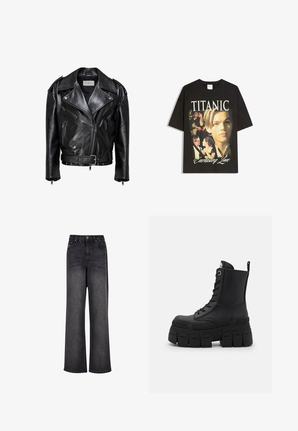 Schwarze Leder-Bikerjacke mit asymmetrischem Reißverschluss, drei Reißverschlusstaschen, mit Knöpfen versehener Klappentasche, Schulterepauletten und verstellbarem Gürtel.; Schwarzes T-Shirt mit Titanic-Filmcollage, die die Hauptcharaktere und den Text „Titanic“ und „Everlasting Love“ auf der Vorderseite zeigt.; Schwarze Denim-Jeans mit weitem Bein und glatter Textur, mit hoher Taille, seitlichen Taschen und einer Knopfverschluss.; Buffalo GOSPHER LACE UP MID - Schnürstiefelette - black