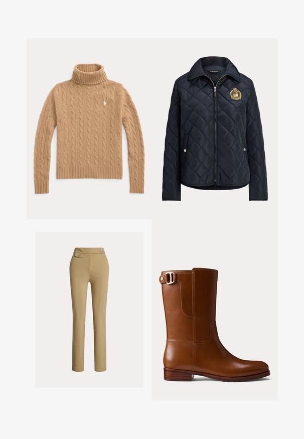 Marineblauwe doorgestikte jas met voorrits, twee drukknopzakken, kraag en geborduurd schild op de linkerborst.; Camelkleurige kabelgebreide coltrui met lange mouwen en geribde boorden, met een klein geborduurd logo op de borst.; Beige op maat gemaakte broek met een zachte textuur, hoge taille, twee decoratieve knopen en een enkele achterzak. Recht gesneden ontwerp.; Bruine leren enkellaars met een gladde afwerking, afgeronde neus en decoratieve zijgesp. Voorzien van een lage houten hak en minimale stikdetails.