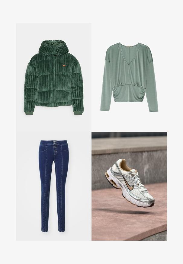 Veste rembourrée en peluche verte avec texture côtelée verticale, col haut et poignets élastiques. Petite étiquette logo sur la poitrine.; Anna Field T-shirt à manches longues - light green; Jean en denim bleu foncé avec une taille haute, fermeture à cinq boutons, deux poches avant et une coupe slim. Texture douce.; Chaussure de course Nike blanche et argentée avec un logo Swoosh beige, montrée en suspension au-dessus d'une surface en pierre avec un mur gris flou en arrière-plan.
