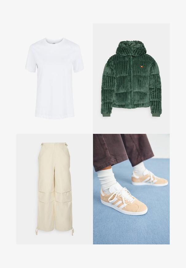 Chaqueta de plumas verde de felpa con textura de canalé vertical, cuello alto y puños elásticos. Pequeño parche de logo en el pecho.; Camiseta de algodón blanca lisa de manga corta con cuello redondo y dobladillos de las mangas doblados, mostrada sobre un fondo blanco liso.; WRSTBHVR ZERA PANTS EGGSHELL WOMEN - Pantalones - off white; Zapatillas de ante beige con acentos blancos, que presentan tres rayas, punta redonda y suela texturizada; combinadas con calcetines blancos de caña corta.