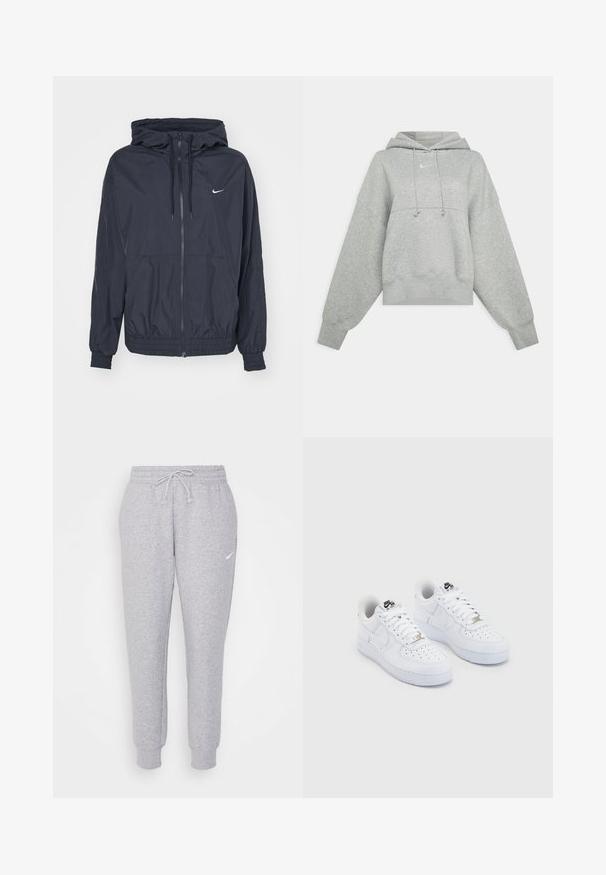 Μαύρο αδιάβροχο μπουφάν Nike με φερμουάρ μπροστά, κουκούλα με κορδόνι, ελαστικές μανσέτες και πλαϊνές τσέπες, με μια διακριτική λογότυπο στο στήθος.; Γκρι κοντό hoodie φτιαγμένο από μαλακό ύφασμα. Διαθέτει ρυθμιζόμενη κουκούλα με κορδόνι, φαρδιές μανίκες και ένα μικρό λογότυπο μπροστά.; Ανοιχτό γκρι φόρμες με κορδόνι στη μέση, στενές μωβ και με ένα μικρό λευκό λογότυπο στο αριστερό μηρό. Κατασκευασμένες από μαλακό, υφασμάτινο υλικό.; Λευκά sneakers Nike Air Force 1 με λείο δερμάτινο πάνω μέρος, περφορίσμενο μπροστινό τμήμα, λευκές κορδόνες και μαύρη σήμανση στη γλώσσα.