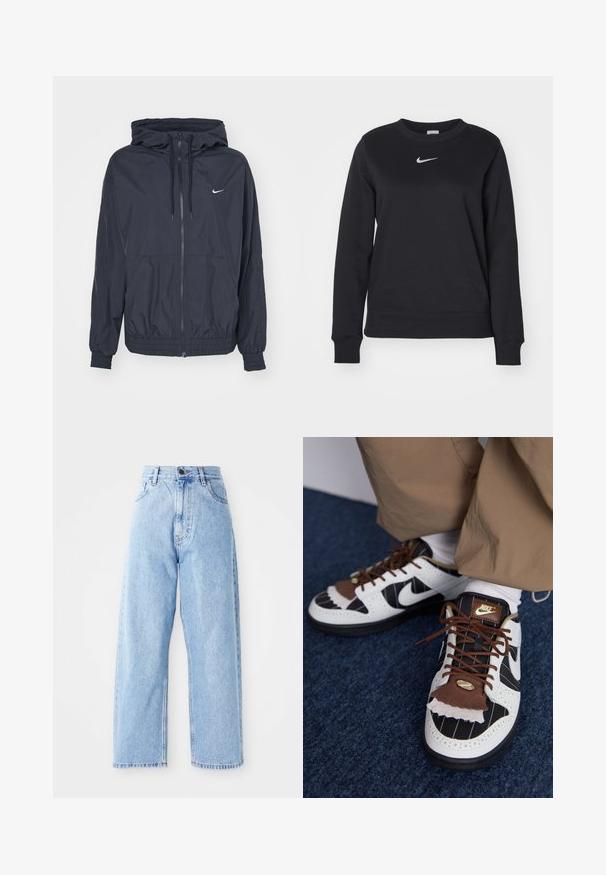 Zwarte Nike windjack met een rits aan de voorkant, een capuchon met trekkoord, elastische manchetten en zijzakken, met een subtiele logo op de borst.; Zwarte sweatshirt van een katoenmix, met geribde cuffs en zoom, ronde halslijn en zilveren Nike-logo op de borst.; Hogewaisted lichtblauwe denim jeans met rechte wijde pijpen, voorste knoop, ritssluiting en voor- en achterkant zakken.; Nike sneakers van witte, zwarte en bruine materialen. Kenmerken zijn een getextureerde bruine flap, gestreept ontwerp en traditionele vetersluiting met gouden accenten.