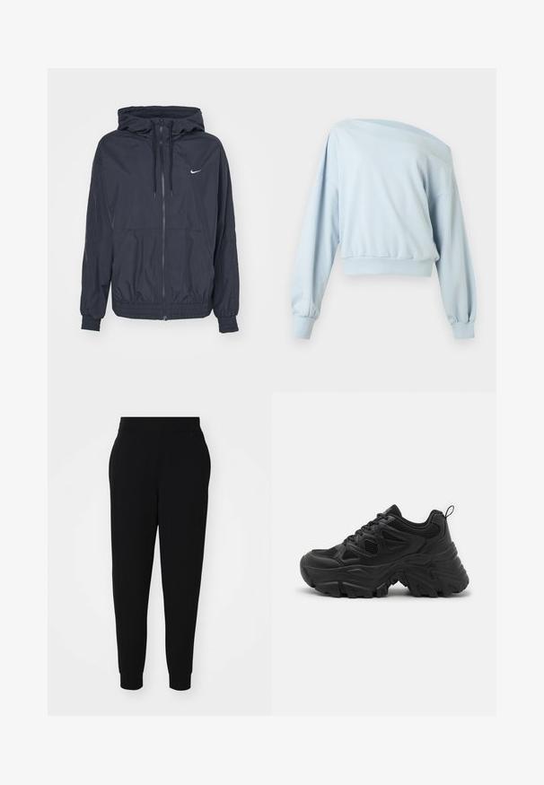 Chaqueta cortavientos negra de Nike con cremallera en la parte delantera, capucha ajustable con cordón, puños elásticos y bolsillos laterales, que presenta un logotipo sutil en el pecho.; Suéter azul claro de manga larga y hombros descubiertos con puños y cintura acanalados, mostrado plano sobre un fondo blanco.; Pantalones jogger negros hechos de tela suave, con perneras ajustadas, cintura elástica y puños acanalados con costuras laterales para un aspecto ajustado.; Zapatillas deportivas negras con parte superior de malla texturizada, suela de goma curvada y un patrón de desgaste prominente. Cuenta con cordones integrados y una lengüeta.