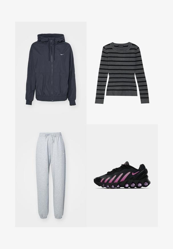 Mustast Nike'i tuulejakist, millel on lukuga eesmine osa, nööriga kapuuts, elastsed varrukad ja küljetaskud, millel on rinna peal diskreetne logo.; Hallitatud hall ribatreppidega kudum mustade horisontaalsete triipudega. Omab ümmargust kaelust ja pikki varrukaid. Pehme kangas, mis on peetud lõikega.; Heledad hallhalli pehmete puuvillasegistusega, millel on elastne vöökoht ja nöör, kitsenevad sääred ja ribakudumisega mansetid. Minim blown kaubamärgi detail.; Mustad mustad ja roosa Nike spordijalatsid, millel on võrgusilma ülemine osa, kaardus disain ja ümar lilla pehmendus tallas ja külgedel.