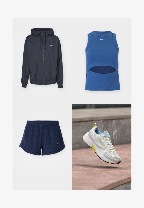 Zwarte Nike windjack met een rits aan de voorkant, een capuchon met trekkoord, elastische manchetten en zijzakken, met een subtiele logo op de borst.; Blauw mouwloos Nike crop top met hoge hals en een uitsnede bij de buik, geribde stof en wit Swoosh-logo middenvoor.; Marineblauwe, geribbelde sportshorts met een elastische tailleband, voorzien van een klein wit Nike-logo aan de onderzijde. Zachte stof.; Witte en lichtblauwe FILA sneaker met gele accenten zwevend boven roze stenen treden buitenshuis.