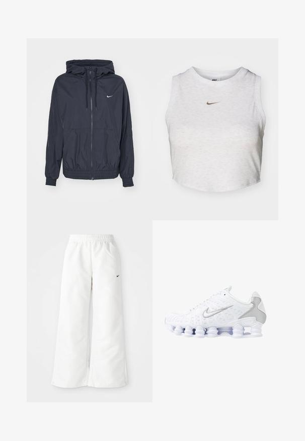 Schwarze Nike Windbreaker-Jacke mit einem Reißverschluss vorne, einer Kordelzugkapuze, elastischen Bündchen und seitlichen Taschen, die ein dezentes Logo auf der Brust zeigt.; Weißes Crop-Top aus weichem, strukturiertem Stoff. Verfügt über einen runden Ausschnitt und einen ärmellosen Schnitt mit einem kleinen goldenen Nike-Logo auf der Vorderseite.; Weiße Sporthose mit weitem Bein, elastischem Bund und kleinem schwarzen Nike-Logo auf der linken Seite. Glattes, leichtes Material.; Weiße Sportschuhe mit einem oberen Teil aus Mesh, silbernen Akzenten und einem einzigartigen Spiralsohlendesign. Verfügt über einen gepolsterten Schaft und eine Schnürung für optimalen Halt.
