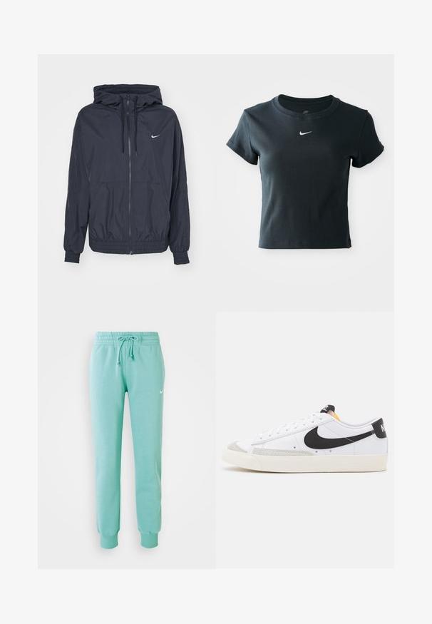 Chaqueta cortavientos negra de Nike con cremallera en la parte delantera, capucha ajustable con cordón, puños elásticos y bolsillos laterales, que presenta un logotipo sutil en el pecho.; Camiseta de manga corta negra, ajustada y de canalé, hecha de tela suave, con un pequeño logo de Nike en blanco en el pecho.; Pantalones de chándal verde menta con cintura elástica, cordón y puños acanalados. Cuenta con un pequeño logo blanco de Nike en el muslo izquierdo.; Zapatillas blancas con swoosh negro, detalles en ante gris y suela de goma color crema. Presentan cordones blancos y un talón negro con marca.