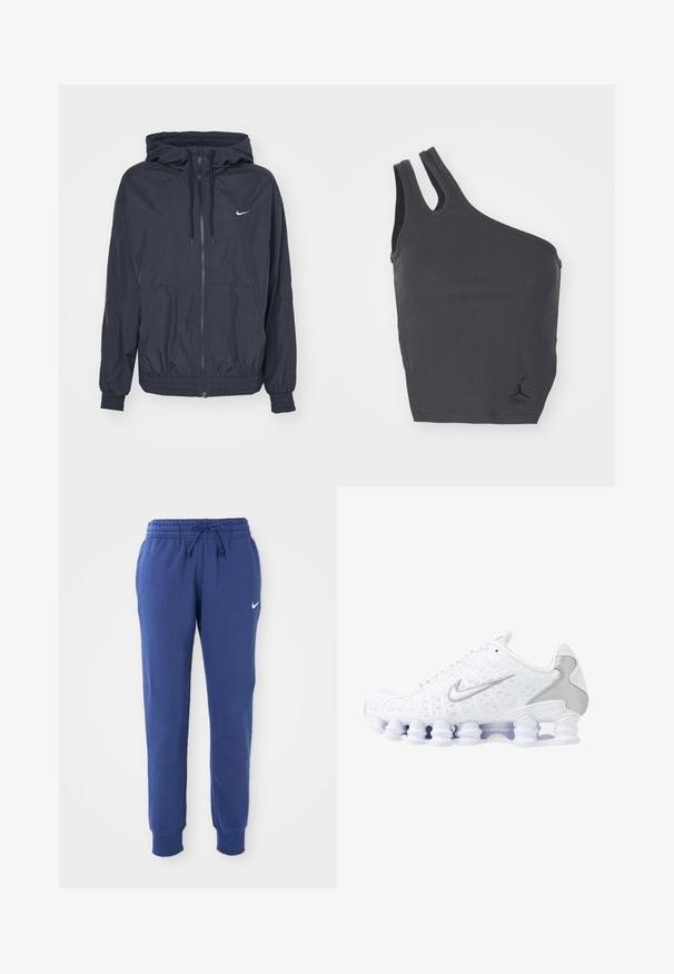 Čierna vetrovka Nike s predným zipsom, kapucňou na sťahovanie, elastickými manžetami a bočnými vreckami, s jemným logom na hrudi.; Čierny rebrovaný tielko s jedinečným asymetrickým dizajnom, so širokým ramienkom na jednej strane a úzkym na druhej, obsahuje malú pôvodnú značku na spodnom okraji.; Modré Nike tepláky s elastickým pásom, šnúrkou na stiahnutie, s manžetami na členkoch a bielym logom Nike swoosh na ľavom stehne.; Biele športové topánky s jemnou sieťovinou na hornej časti, striebornými detailmi a jedinečným dizajnom podpätka v tvare cievky. Majú polstrovaný golier a šnurovanie pre lepšie udržanie na nohe.