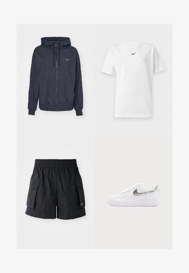 Chaqueta cortavientos negra de Nike con cremallera en la parte delantera, capucha ajustable con cordón, puños elásticos y bolsillos laterales, que presenta un logotipo sutil en el pecho.; Camiseta blanca de manga corta con cuello redondo y un pequeño logo negro de Nike Swoosh centrado cerca del cuello.; Pantalones cortos cargo negros hechos de tejido ligero, con una cintura elástica, dos bolsillos laterales y un pequeño logo blanco en el dobladillo.; Zapatilla blanca de corte bajo con el logo Nike en plata metálica y cordones blancos sobre un fondo gris claro liso.