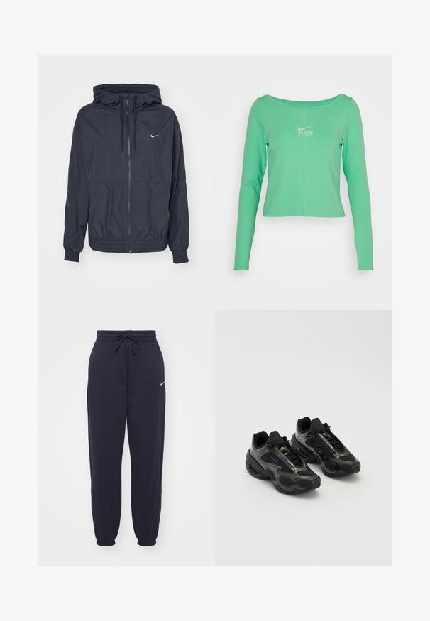 Čierna vetrovka Nike s predným zipsom, kapucňou na sťahovanie, elastickými manžetami a bočnými vreckami, s jemným logom na hrudi.; Dlhý rukáv, skrátená, mentolovo zelená košeľa vyrobená z hladkej bavlny, s okrúhlym výstrihom a bielym logom Nike Air na hrudi.; Nike tepláky v námornej modrej farbe, vyrobené z mäkkého materiálu. Obsahujú elastický pás s šnúrkou a sťahovacie nohavice. Malý biely logotyp ako akcent.; Čierne športové topánky so syntetickým materiálom, sieťovanými akcentmi a zaoblenými podrážkami. Majú šnurovací systém a výrazné logo Nike na jazyku.