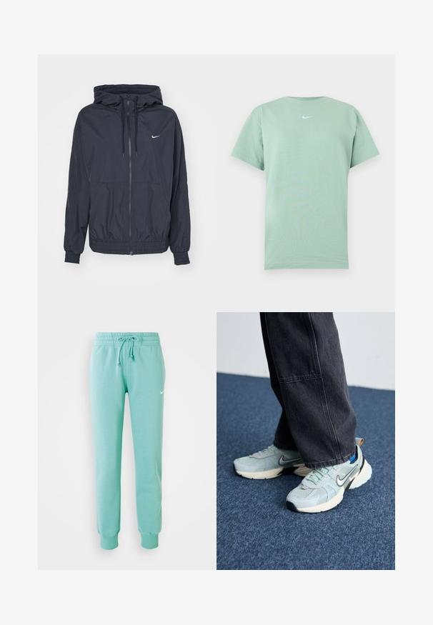 Čierna vetrovka Nike s predným zipsom, kapucňou na sťahovanie, elastickými manžetami a bočnými vreckami, s jemným logom na hrudi.; Svetlozelené tričko s krátkym rukávom a guľatým výstrihom s malým bielym logom Nike Swoosh uprostred na hrudi.; Mentolové tepláky s elastickým pásom, šnúrkou na stiahnutie a rebrovanými manžetami. Na ľavom stehne sa nachádza malé biele logo Nike.; Svetlo modré sieťované Nike tenisky s textúrovaným povrchom, čiernym swooshom a krémovou medzipodrážkou, skombinované s tmavošedými širokými nohavicami.
