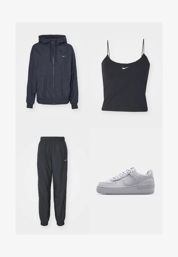 Chaqueta cortavientos negra de Nike con cremallera en la parte delantera, capucha ajustable con cordón, puños elásticos y bolsillos laterales, que presenta un logotipo sutil en el pecho.; Top negro sin mangas con escote redondeado, tirantes finos y un logo de Nike blanco centrado. Hecho de un tejido suave, con un diseño ajustado.; Pantalones de chándal negros de Nike hechos de un tejido ligero, con una cinturilla y puños elásticos, y un pequeño logo blanco en la pierna izquierda.; Zapatilla Nike Air Force 1 gris con puntera perforada, parte superior de cuero suave, suela gruesa y detalle en relieve 'AIR' en el talón.