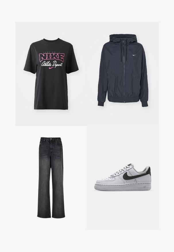 Veste coupe-vent noire Nike avec une fermeture éclair à l'avant, capuche avec cordon de serrage, poignets élastiques et poches latérales, arborant un logo subtil sur la poitrine.; T-shirt en coton noir avec un imprimé graphique en rose et blanc portant les textes "JUST DO IT", "NIKE" et "Athletic Depart." Coupe standard.; Jean en denim noir à jambes larges avec une texture lisse, présentant une taille haute, des poches avant et une fermeture à bouton.; Sneaker en cuir blanc avec accents gris, bout rond, surface texturée, col rembourré et logo swoosh noir contrastant. Semelle avec coussin d'air.