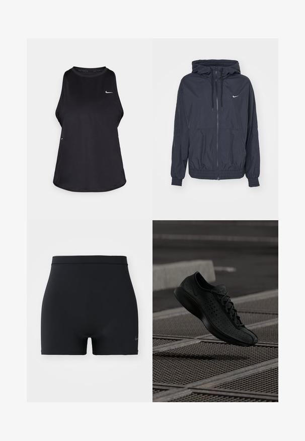 Chaqueta cortavientos negra de Nike con cremallera en la parte delantera, capucha ajustable con cordón, puños elásticos y bolsillos laterales, que presenta un logotipo sutil en el pecho.; Camiseta de running sin mangas en color negro, fabricada con material ligero y con cuello redondo; cuenta con un logo sutil y aberturas laterales para mayor transpirabilidad.; Pantalones cortos deportivos negros hechos de un material suave y elástico, con una cinturilla de altura media y un pequeño logo de Nike en el lado izquierdo.; Zapatilla deportiva negra con parte superior perforada, puntera redondeada y diseño minimalista. Cuenta con cordones planos y una suela acolchada para mayor comodidad.