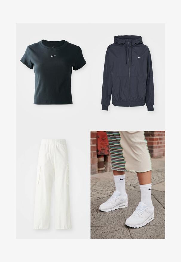 Zwarte Nike windjack met een rits aan de voorkant, een capuchon met trekkoord, elastische manchetten en zijzakken, met een subtiele logo op de borst.; Korte mouw, cropped zwart geribbeld t-shirt gemaakt van zachte stof, met een klein wit Nike-logo op de borst.; Witte cargobroek met een wijde pijpdesign, voorzien van een elastische tailleband en zijzakken. Gelaagd materiaal met een gladde afwerking.; Witte Nike Air Max 90 sneakers met een bovenwerk van mesh en leer, voorzien van een zichtbare luchtunit, gecombineerd met witte geribbelde sokken met een zwart logo.