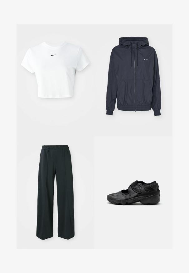 Chaqueta cortavientos negra de Nike con cremallera en la parte delantera, capucha ajustable con cordón, puños elásticos y bolsillos laterales, que presenta un logotipo sutil en el pecho.; Camiseta corta blanca de algodón, con mangas cortas y cuello redondo, y un logo negro de Nike en el pecho.; Pantalones deportivos negros de pierna ancha con cintura elástica. Hechos de una tela suave y elástica, presentan costuras frontales sutiles y sin bolsillos.; Sandalia deportiva negra con puntera cerrada, correas de velcro en la parte media del pie y el talón, y suela gruesa acolchada con la marca "AIR" en el lateral.