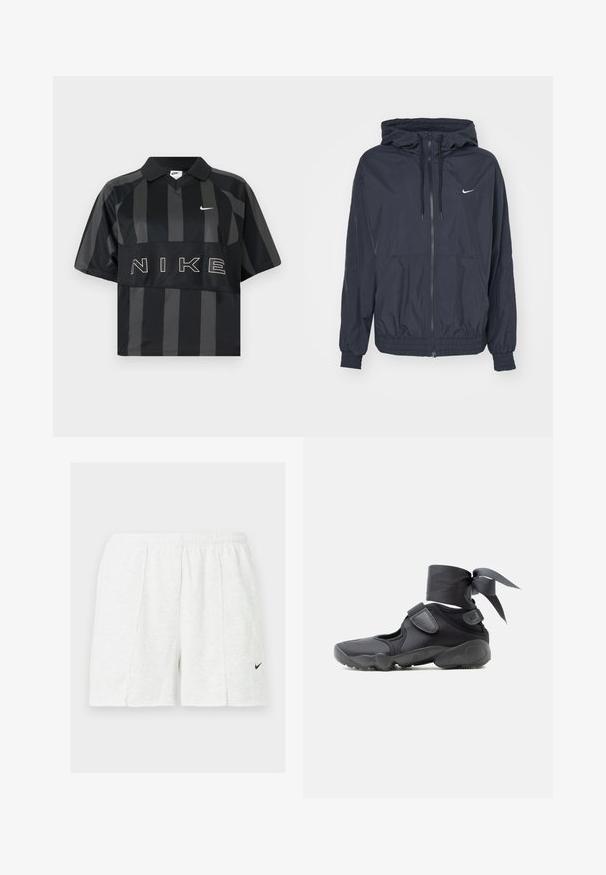 Veste coupe-vent noire Nike avec une fermeture éclair à l'avant, capuche avec cordon de serrage, poignets élastiques et poches latérales, arborant un logo subtil sur la poitrine.; Polo Nike manches courtes à rayures verticales noires et gris foncé, col, virgule Nike blanche et grand texte NIKE sur la poitrine.; Shorts de sport blancs avec taille élastique et logo Nike Swoosh noir sur la jambe gauche, présentés sur un fond uni.; Chaussure de sport noire avec des découpes, des brides en velcro et un lacet autour de la cheville noué en un nœud, vue de côté sur un fond blanc.
