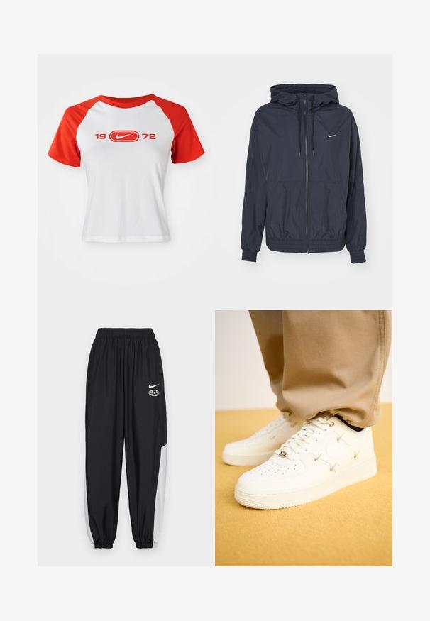 Veste coupe-vent noire Nike avec une fermeture éclair à l'avant, capuche avec cordon de serrage, poignets élastiques et poches latérales, arborant un logo subtil sur la poitrine.; T-shirt Nike avec un corps blanc et des manches raglan rouges. Présente "1972" et un logo en rouge sur la poitrine. Fabriqué en tissu jersey lisse.; Nike Sportswear Pantalon de survêtement - black/summit white; Baskets en cuir blanc avec un bout perforé, accents dorés et lacets plats, associées à un pantalon beige sur une surface jaune texturée.