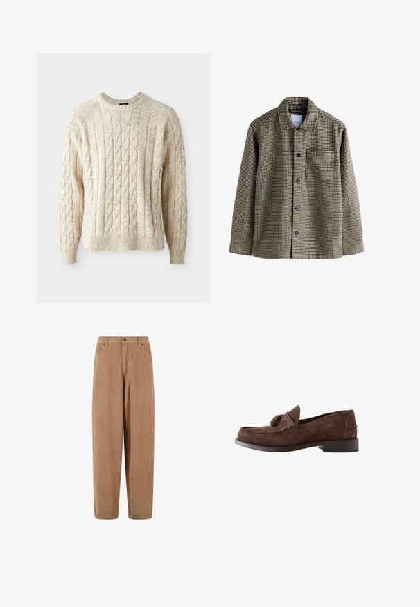 Hnedo-beige károvaná košela s náprsenkou, s golierom, so zapínaním na gombíky, dlhými rukávmi a jednou náprsníkou. Textúrovaná látka s klasickým vzorom.; Krémový sveter s kabelovým úpletom, okrúhlym výstrihom, textúrovaným vzorom a rebrovanými manžetami a lemom. Vyrobený z mäkkej, hrubej priadze.; Béžové kordové nohavice so základným strihom, s gombíkovým zapínaním a bočnými vreckami, s textúrovaným rebrovaným povrchom.; Hnedý semišový pánsky mokasín s detailom strapca a nízkym stohovaným podpätkom, bočný pohľad na bielom pozadí.