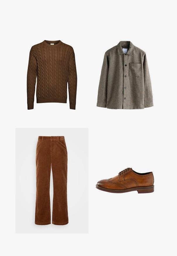 Hnedo-beige károvaná košela s náprsenkou, s golierom, so zapínaním na gombíky, dlhými rukávmi a jednou náprsníkou. Textúrovaná látka s klasickým vzorom.; Hnedý pletený sveter so vzorom, s dlhými rukávmi, rebrovanými manžetami a spodným lemom a okrúhlym výstrihom, zobrazený na bielom pozadí.; Hnedé kordové nohavice so širokým strihom, s vertikálnou rebrovou textúrou, s gombíkovým zapínaním a štandardnými pútkami na opasok.; Hnedé kožené šnurovacie topánky s brogue detailmi, zaokrúhlenou špičkou a kontrastnou podrážkou. Obsahujú prešívané akcenty a textúrovaný povrch.