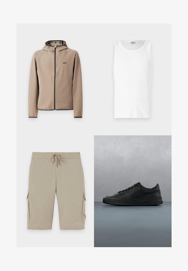 Beige hættejakke med lynlåsfront, sorte detaljer og logo på brystet. Fremstillet af et glat, strækbart stof med en tætsiddende design.; Hvid bomulds tanktop uden ærmer med rund halsudskæring og en glat tekstur. Enkel design, ingen mønstre eller accenter.; Beige cargo shorts med elastisk talje og snor. Har sidelommer og et glat, let stof.; Sort sneakers med glat læderoverdel, rund tå, flade snørebånd, polstret krave og minimalistisk design. Gummisål med subtilt mønster.