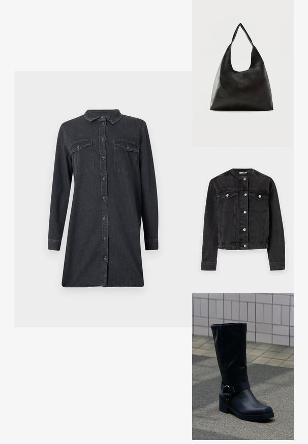 Zwarte spijkerjack met kraag, centrale knoopsluiting, twee borstzakken en lange mouwen. Heeft hardware in zilverkleur en een kort ontwerp.; Donkerdenim shirtjurk met lange mouwen, een kraag en twee borstzakken. Voorzien van een knoopsluiting aan de voorkant en een rechte snit.; Zwarte leren kuitlaars met een lage blokhak en een decoratieve riem met metalen gesp rond de enkel, op een betegeld trottoir.; Zwarte schoudertas van glad leer met een brede, enkele band en een nonchalant, minimalistisch ontwerp tegen een effen achtergrond.