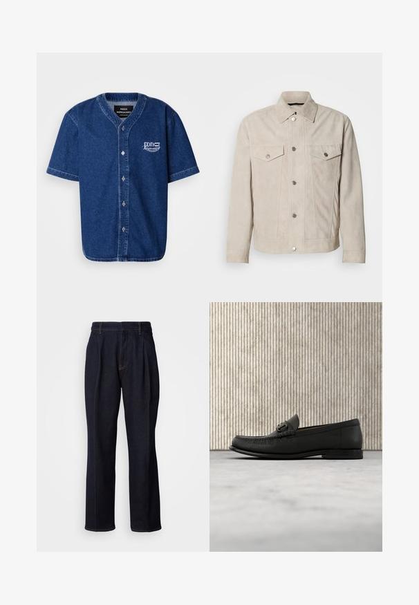 Chaqueta de ante beige con cierre de botones, dos bolsillos en el pecho y cuello clásico. Presenta botones de tono plateado y una textura suave.; Camisa de manga corta, abotonada, hecha de denim azul oscuro con un cuello clásico y un logotipo bordado en blanco en el lado izquierdo del pecho.; Jeans de mezclilla de pierna ancha en un tono azul oscuro, con pliegues frontales y costuras naranjas, presentados sobre fondo blanco.; Mocasín de cuero negro con detalle metálico, exhibido sobre una alfombra beige, con una mesa redonda marrón en el fondo.