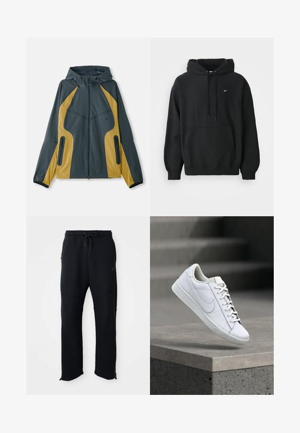 Grau und gelbe Kapuzenjacke mit Reißverschluss vorne, ausgestattet mit kontrastierenden Einsätzen, Reißverschlusstaschen und elastischen Bündchen. Glatte Textur.; Schwarzer Nike Hoodie mit frontale Taschen, Kordelzugkapuze, gerippten Bündchen und kleinem weißen Nike Swoosh-Logo auf der Brust.; Schwarze Sporthose mit elastischem Bund und Kordelzug, seitlichen Taschen, schmal zulaufenden Beinen und Reißverschlüssen an den Knöcheln. Glatte Textur.; Weißer Ledersneaker mit Schnürsenkeln und Nike-Swoosh-Logo, der über einer Betonabsatzkante im Außenbereich schwebt.