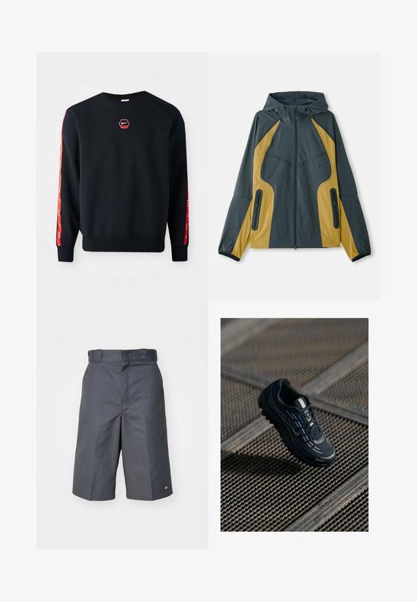 Grå og gul hættejakke med lynlås foran, der har kontrasterende paneler, lynlåslommer og elastiske manchetter. Glat tekstur.; Mørkeblå sweatshirt med et sekskantet rødt Nike-logo på brystet. Har røde accenter langs ærmerne og et struktureret, blødt stof.; Grå shorts lavet af slidstærkt stof, med lige snit, to sidelommer og et lille logo på baglommen.; Mørkeblå og sorte atletiske sko med reflekterende detaljer på en metalriste overflade i blødt dagslys.