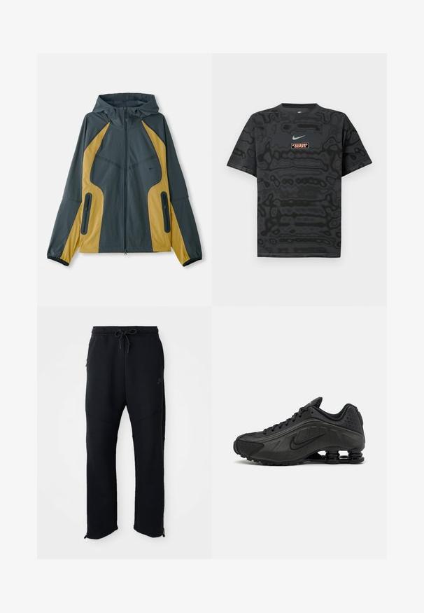 Grijze en gele gewatteerde jas met capuchon en een ritssluiting aan de voorkant, met contrasterende panelen, ritszakken en elastische manchetten. Gladde textuur.; Zwart T-shirt met een gestructureerd patroon, met een klein Nike-logo in lichtblauw en een rechthoekige logopatch in contrasterende kleuren.; Zwarte sportbroek met elastische tailleband en trekkoord, met zijzakken, taps toelopende pijpen en ritsen bij de enkels. Glad textuur.; Zwarte hardloopschoenen met een glad bovenwerk van synthetisch materiaal, geperforeerde accenten, gestructureerde zijpanelen en een opvallende veerkrachtige zool.