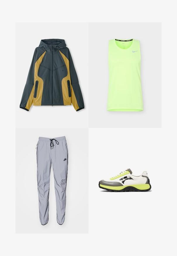 Grå og gul hættejakke med lynlås foran, der har kontrasterende paneler, lynlåslommer og elastiske manchetter. Glat tekstur.; Lyse neongrøn ærmeløs Nike løbetop med reflekterende swoosh-logo på venstre bryst mod hvid baggrund.; Lys grå sweatpants lavet af glat, let stof med sorte accenter. Har en elastisk talje med snoretræk og sidelommer.; Sneakers har en overdel af hvidt lærred, grå gummidetaljer, neongrøn snørebånd, et fremtrædende logo og en struktureret sort sål for greb.