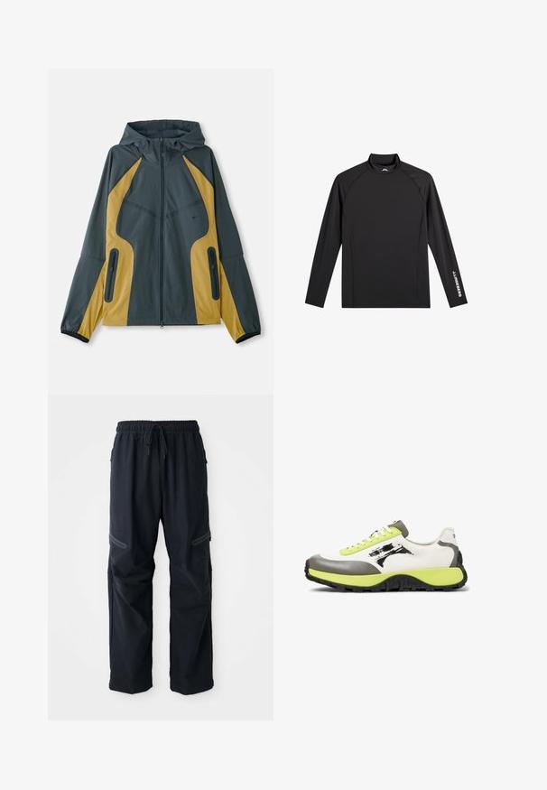 Chaqueta con capucha en gris y amarillo, con cierre de cremallera en la parte delantera, que presenta paneles en contraste, bolsillos con cremallera y puños elásticos. Textura suave.; Camiseta negra deportiva de manga larga con cuello alto falso, corte ajustado y logo blanco "J.Lindeberg" en la manga izquierda y el cuello.; Pantalones casuales negros con cinturilla elástica, cordón y bolsillos con cremallera sobre un fondo blanco.; Las zapatillas presentan una parte superior de lona blanca, acentos de goma gris, cordones de neón verde, un logo prominente y una suela negra texturizada para mayor agarre.