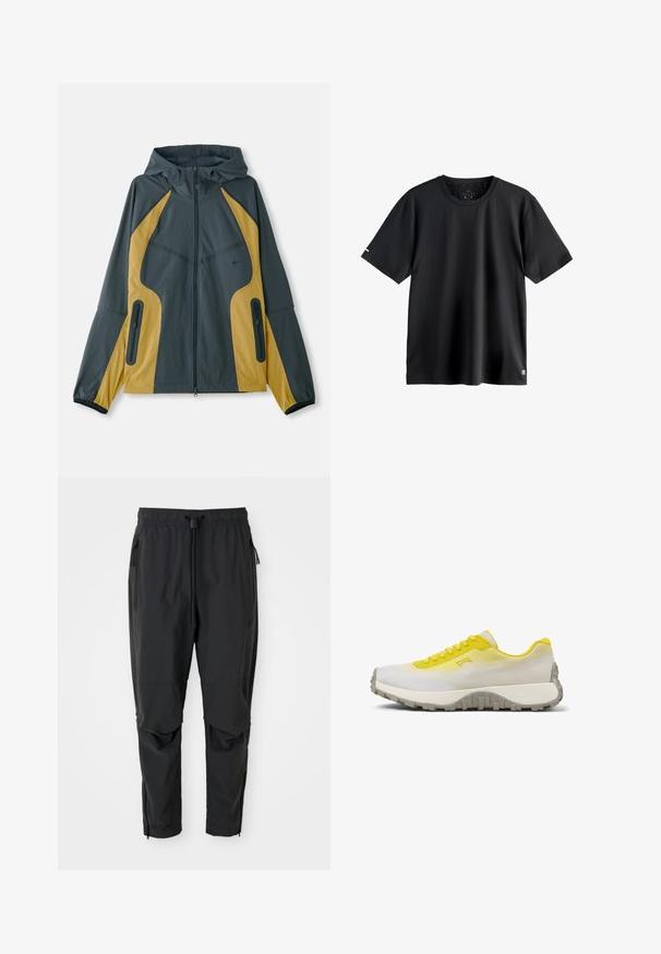 Grijze en gele gewatteerde jas met capuchon en een ritssluiting aan de voorkant, met contrasterende panelen, ritszakken en elastische manchetten. Gladde textuur.; Effen zwarte korte mouwen sport-T-shirt met een ronde hals, medium maatlabel binnen in de halslijn en klein logo op de onderste linkerbies.; Zwarte lichte broek met elastische tailleband, koord, ritszakken aan de zijkant, gebogen knieën en ritssluitingen bij de enkels.; Lage sneaker met een gele bovenzijde die vervaagt naar wit, een dikke beige zool met robuust profiel en gele veters, zijaanzicht.