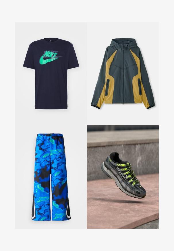 Grau und gelbe Kapuzenjacke mit Reißverschluss vorne, ausgestattet mit kontrastierenden Einsätzen, Reißverschlusstaschen und elastischen Bündchen. Glatte Textur.; Navyblaue Baumwoll-T-Shirt mit einem grünen und dunkelblauen Nike-Logo-Graphic quer über die Brust. Kurze Ärmel und Rundhalsausschnitt.; Blaue und schwarze, abstrakt gemusterte, weit geschnittene Hose mit elastischem Bund und seitlichen Reißverschlusstaschen auf einem einfarbigen Hintergrund.; Schwarzer und grauer Nike P-6000 Sneaker mit neongelben Akzenten und Schnürsenkeln, der über einer pinkfarbenen Betonoberfläche schwebt.