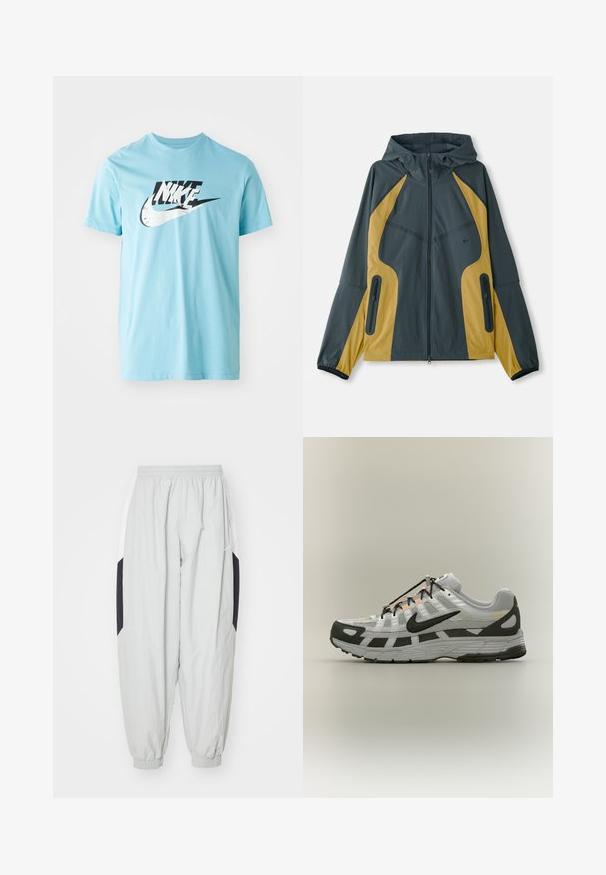 Grau und gelbe Kapuzenjacke mit Reißverschluss vorne, ausgestattet mit kontrastierenden Einsätzen, Reißverschlusstaschen und elastischen Bündchen. Glatte Textur.; Helles blaues Baumwoll-T-Shirt mit Rundhalsausschnitt und kurzen Ärmeln. Auf der Vorderseite befindet sich ein großes schwarz-weißes Nike-Logo-Design.; Hellgraue Jogginghose aus leichtem Stoff, mit elastischem Bund und Bündchen, sowie kontrastierenden schwarzen und weißen Seiteneinsätzen.; Weißer und grauer Sportschuh mit schwarzem Nike-Swoosh, schwarzen Schnürsenkeln und orangefarbenen Akzenten vor neutralem Hintergrund.